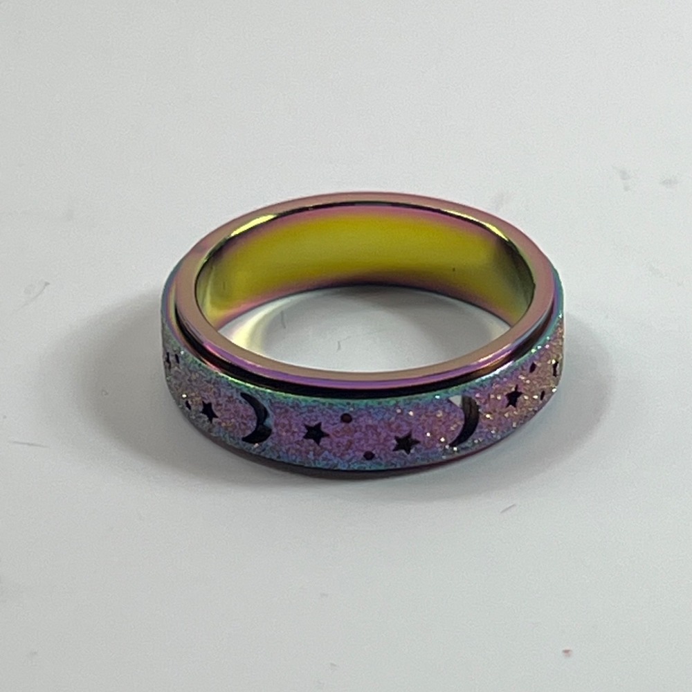 Size 8 Titanium Stainless Steel Rainbow Moon Star Anxiety Fidget Spinner Ring - Picture 2 of 5